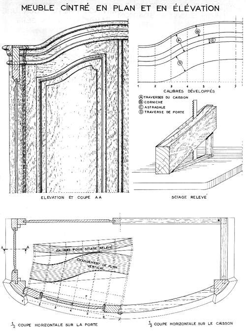 Plan technique ancien d’un meuble cintré, en élévation et en coupe